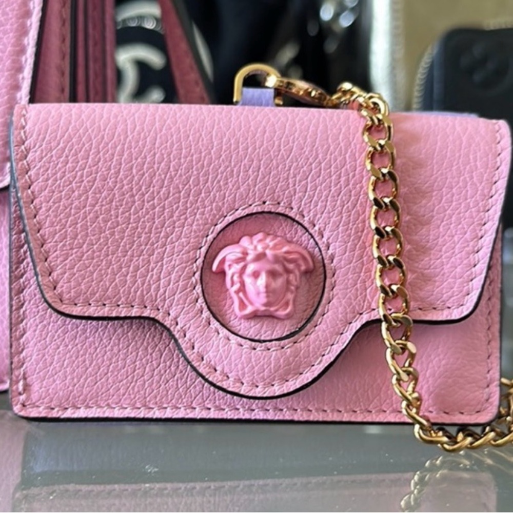 Versace Pink Leather Mini Card Holder with Gold Chain